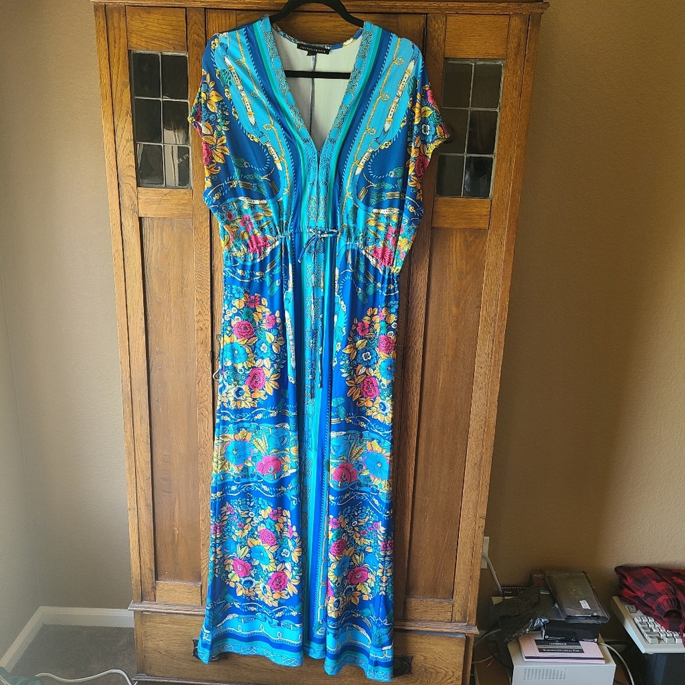 Blue Floral V-Neck Maxi Dress with Drawstring Waist